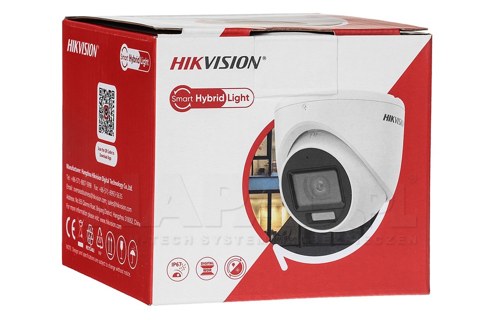 Cámara domo turbo, resolución 5 Mpx 3K, lente fijo, IR 30 mt, luz blanca 20 mt, IP67, 4 hibrido, microfono incorporado, carcasa metalica. Marca Hikvision