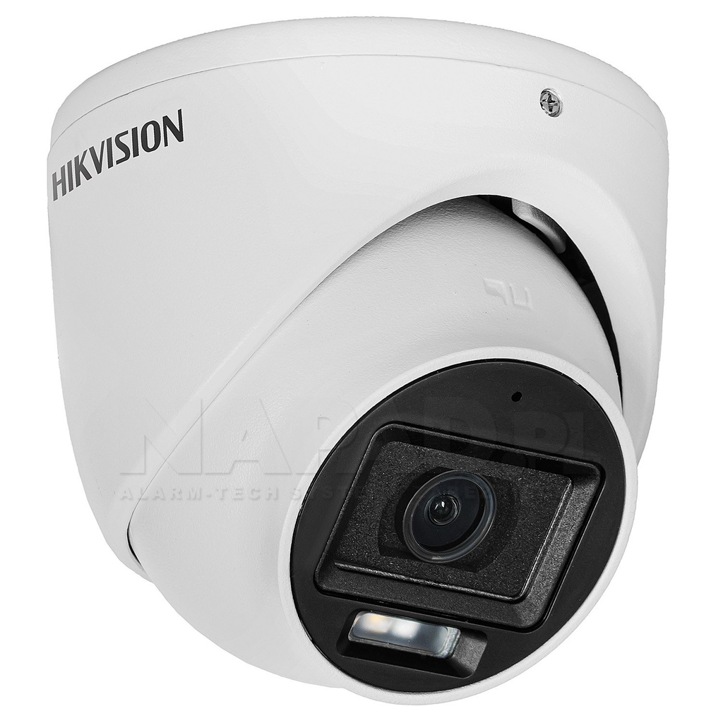 Cámara domo turbo, resolución 5 Mpx 3K, lente fijo, IR 30 mt, luz blanca 20 mt, IP67, 4 hibrido, microfono incorporado, carcasa metalica. Marca Hikvision